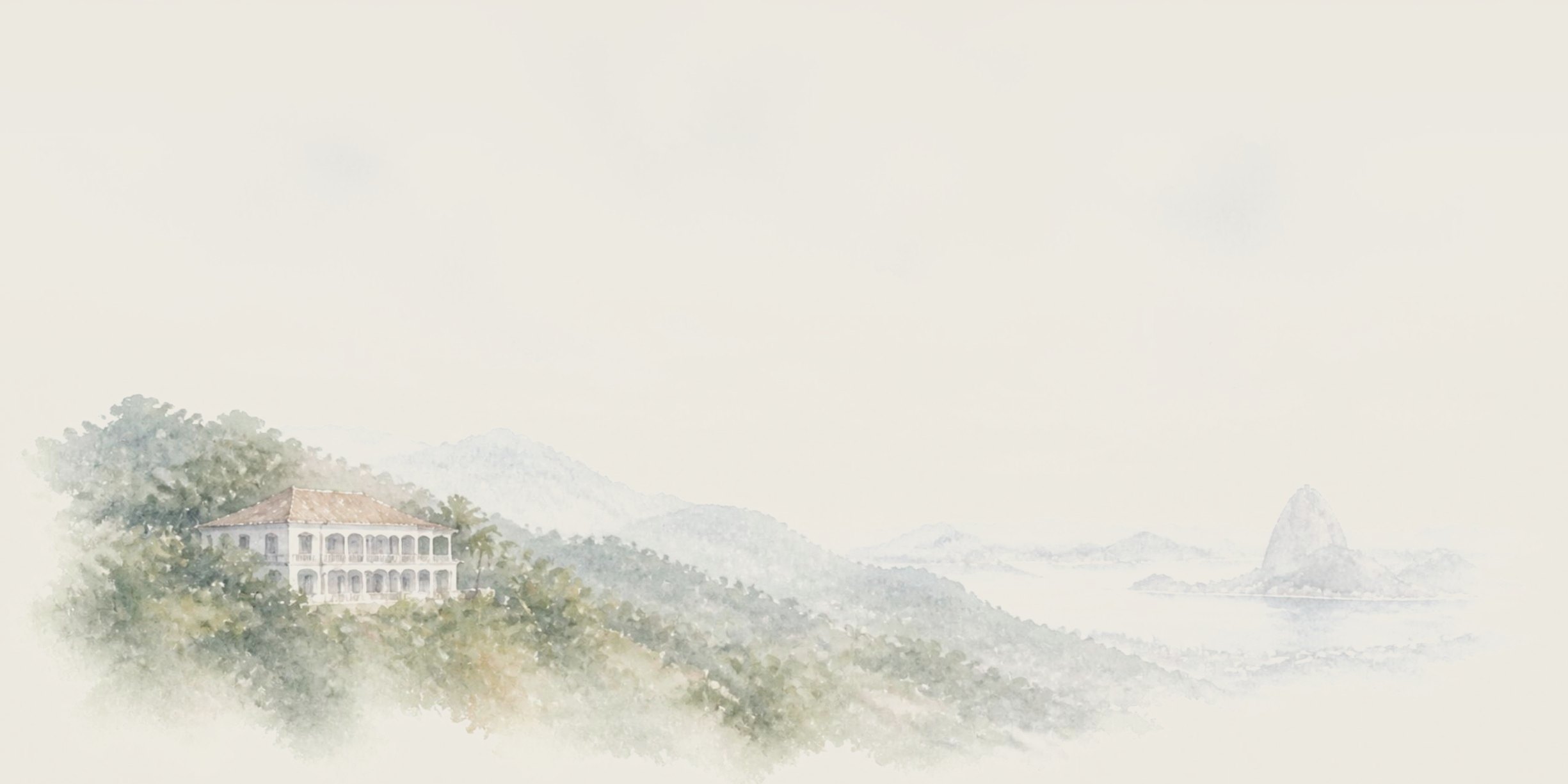 Aquarela da Mansão Alvite no alto de Santa Teresa, com o Pão de Açúcar ao fundo